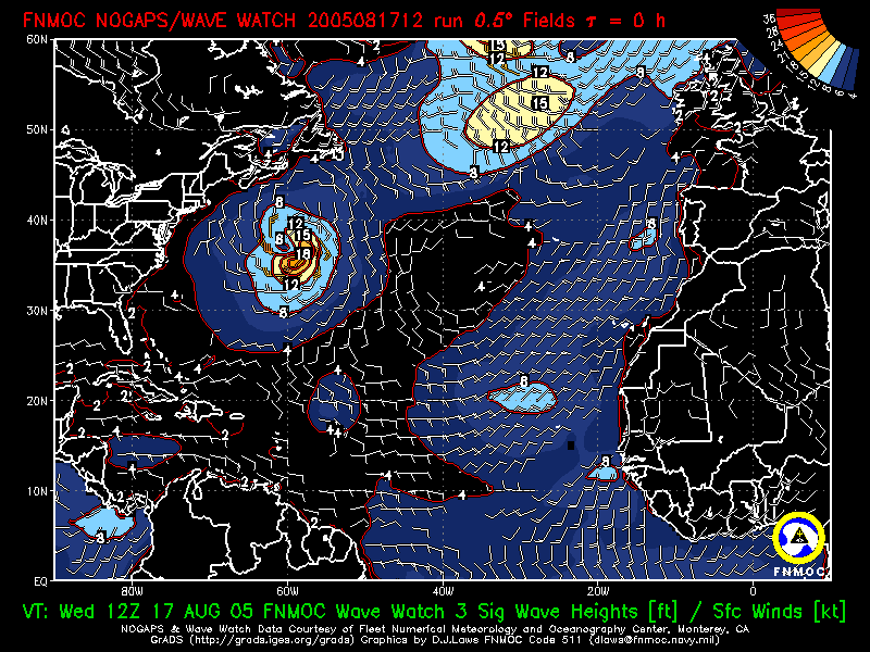 product: FNMOC Wave Watch 3 Sig Wave Heights [ft] ; Over Ocean Sfc Winds [kt], area: Atlantic, tau: 000 